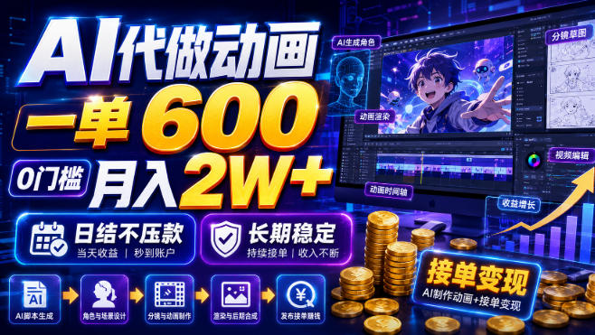 AI代做动画一单600步骤，0基础副业变现2W+，微课视频接单日结