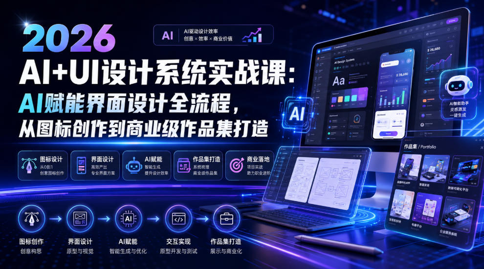 2026 AI+UI设计系统实战课：AI赋能界面设计全流程，从图标到商业作品集