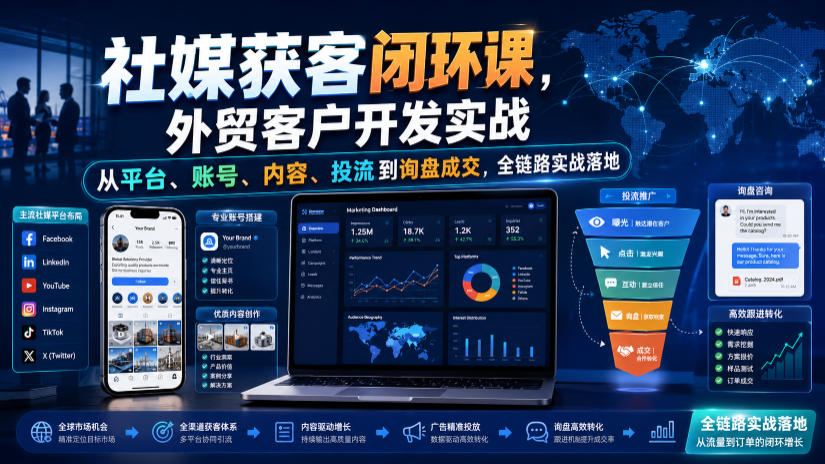 外贸社媒获客闭环课：FB/TikTok账号搭建到询盘成交全链路实战