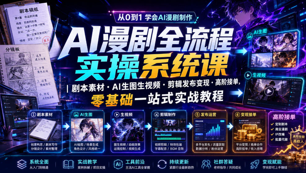 AI漫剧全流程实操课|零基础剧本生图剪辑变现接单教程 AI漫剧全流程实操课|零基础剧本生图剪辑变现接单教程