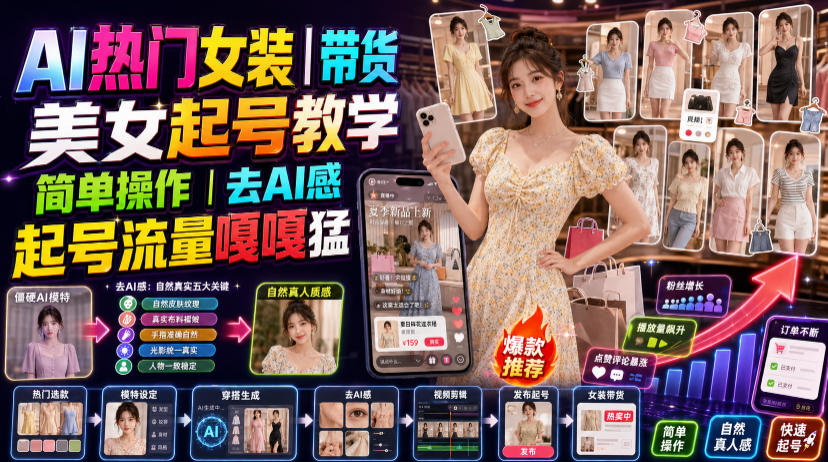 AI女装带货起号教学：去AI感操作，模特生成服装替换视频教程