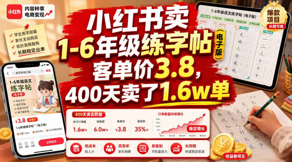 小红书卖1-6年级练字帖电子版，客单价3.8元，400步骤天出单1.6万单