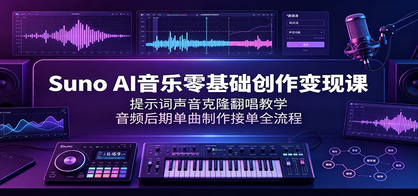 Suno AI音乐零基础变现课:提示词写歌声音克隆翻唱音频后期接单 Suno AI音乐零基础变现课:提示词写歌声音克隆翻唱音频后期接单