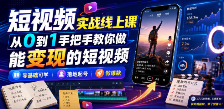 2026 短视频实战线上课，零基础学AI剪辑投流做爆款变现