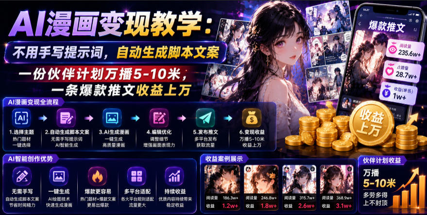 AI漫画变现教学：不用手写提示词，自动生成脚本文案，一份伙伴计划万播5-10米