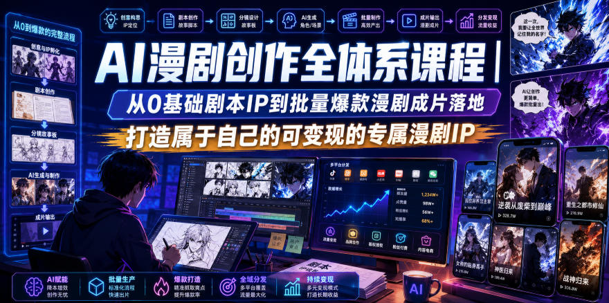 AI漫剧创作全体系课：零基础剧本IP到批量爆款成片，剪映雪漫剪配音变现