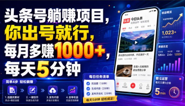 头条号托管被动收入项目,0粉出号变现100步骤0+,每天5分钟 头条号托管被动收入项目,0粉出号变现100步骤0+,每天5分钟