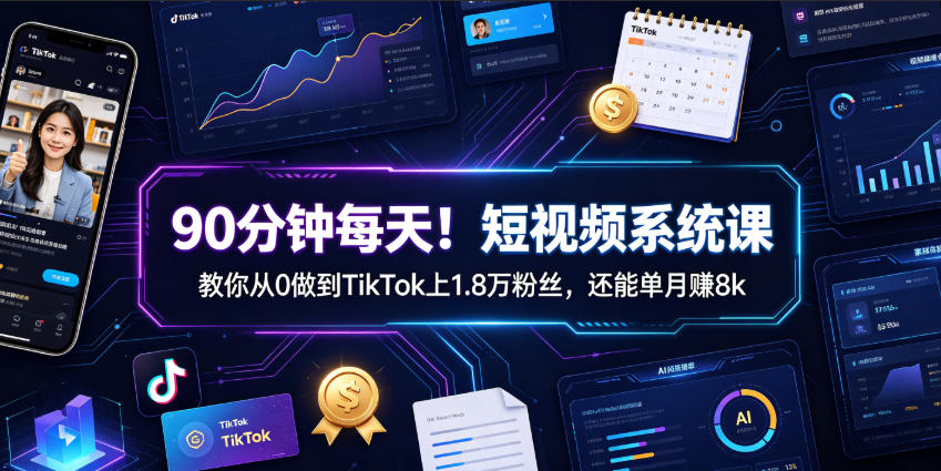90分钟短视频系统课，TikTok从0涨粉1.8万变现8步骤
