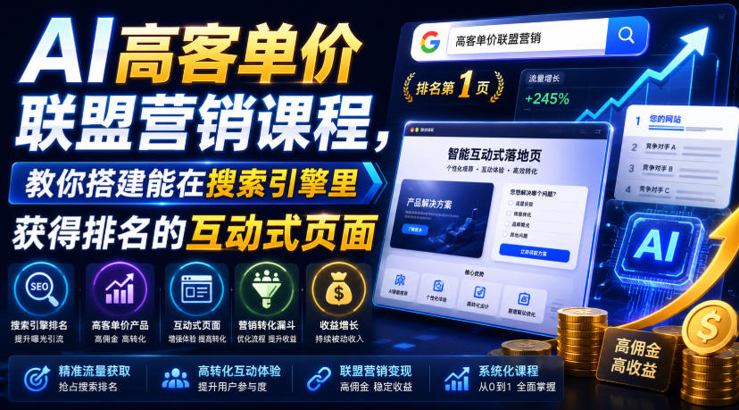 AI高客单价联盟营销课，搭建互动页面获取谷歌排名赚高佣金