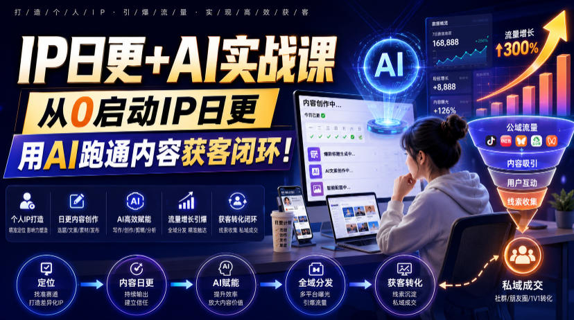 IP日更+AI实战课：从0启动IP置顶视频与100步骤条选题库，用AI跑通内容获客闭环