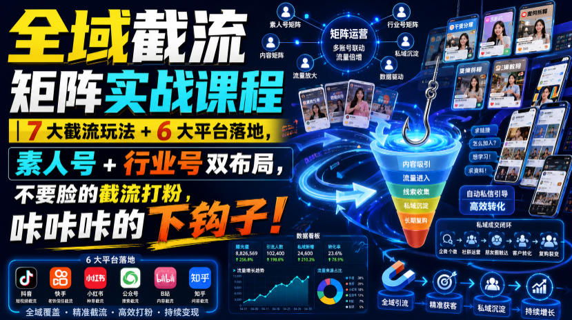 全域截流矩阵实战课｜7大玩法+6平台落地，素人行业号双布局精准打粉