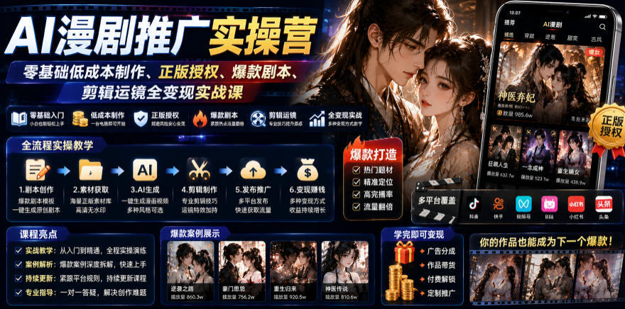 AI漫剧推广实操营｜零基础低成本正版授权爆款剧本变现课