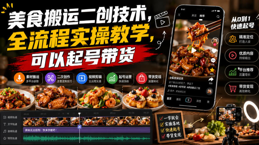 2026 美食搬运二创实操教学，起号带货新手副业教程