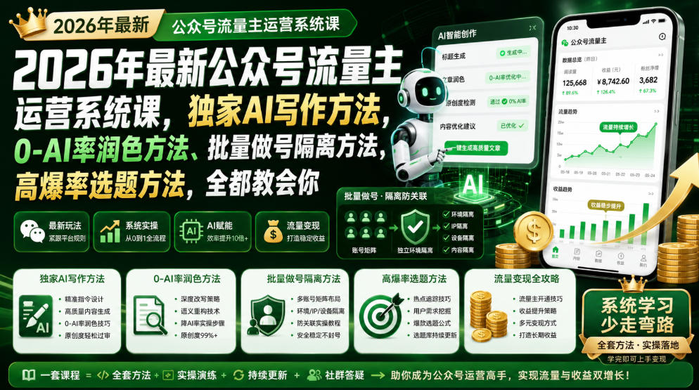 2026公众号流量主运营课：AI写作+0AI率润色+批量做号隔离方法