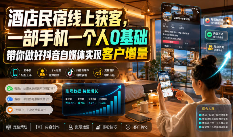 酒店民宿抖音获客：0基础手机实操课，提升入住率与订单