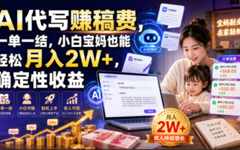 2026 AI代写副业变现2W+，小白宝妈一单一结日结靠谱