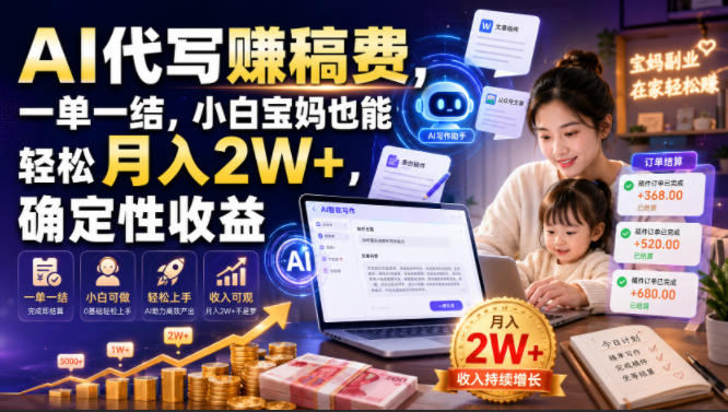 2026 AI代写副业变现2W+，小白宝妈一单一结日结靠谱