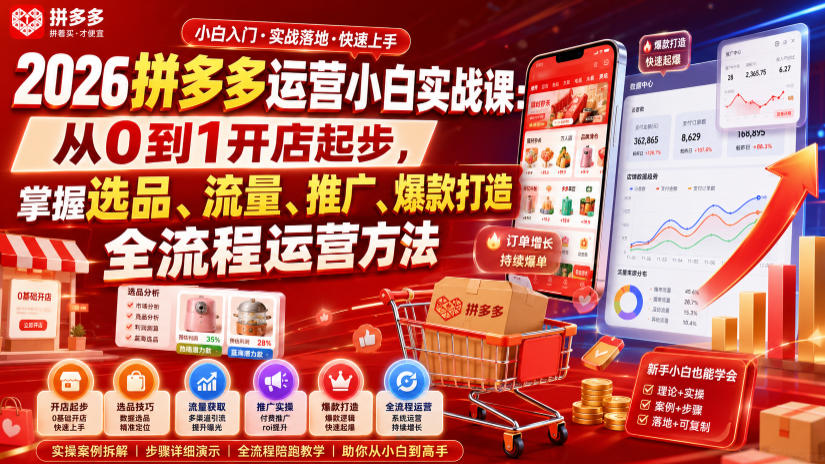 2026拼多多运营小白实战课：从0到1开店起爆款，掌握选品流量推广全流程