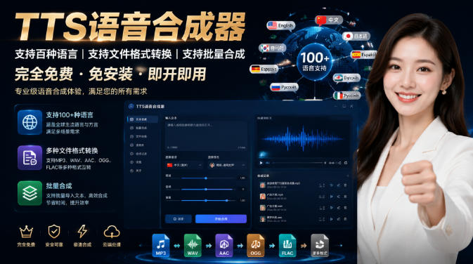 最新TTS语音合成器免费批量配音，支持多格式转换与百种语言