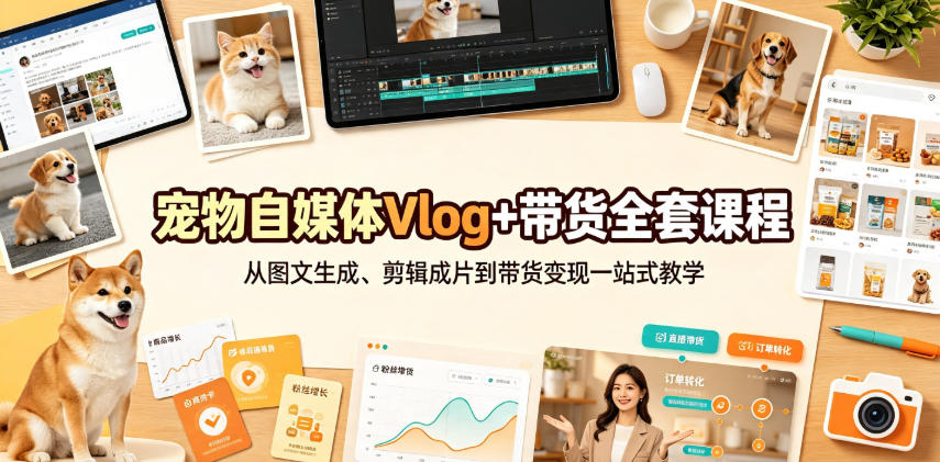 宠物自媒体Vlog带货全套教程，从素材生成剪辑到变现零基础入门