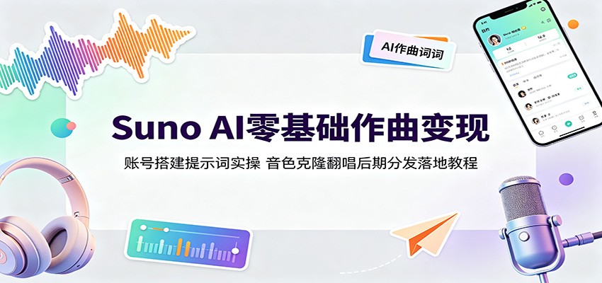 Suno AI零基础作曲变现:账号搭建提示词实操,音色克隆翻唱后期全流程 Suno AI零基础作曲变现:账号搭建提示词实操,音色克隆翻唱后期全流程