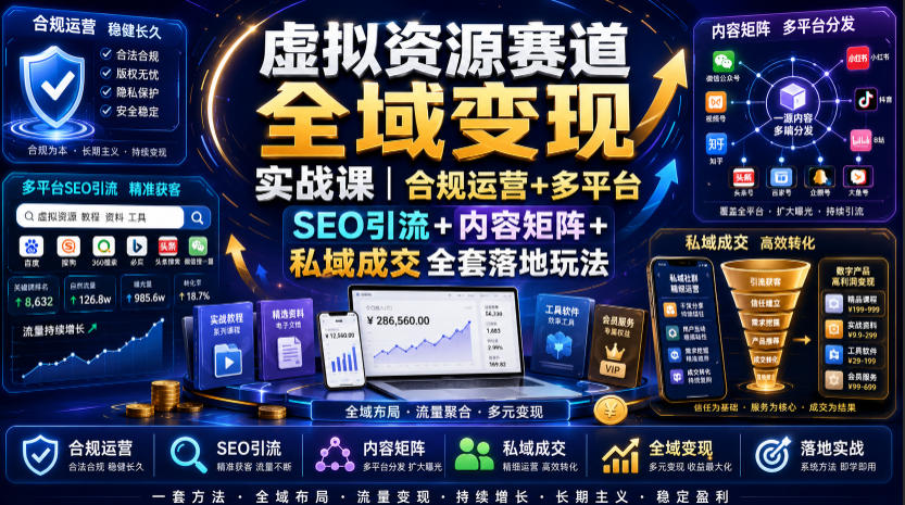 虚拟资源变现课：合规运营+多平台SEO引流+私域成交实战玩法