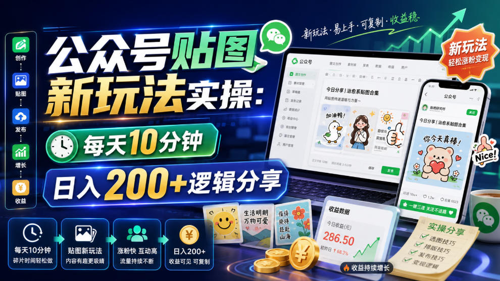 公众号贴图新玩法实操：每天10分钟流量主收益，变现200方法逻辑分享