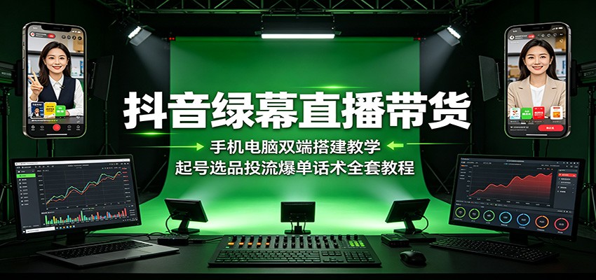抖音绿幕直播带货搭建教学：手机电脑双端起号选品投流话术
