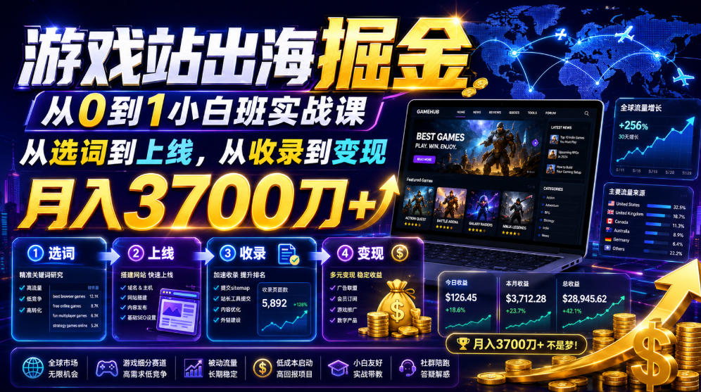游戏站出海掘金实战：小白30天上线4-8站，变现3700步骤刀+