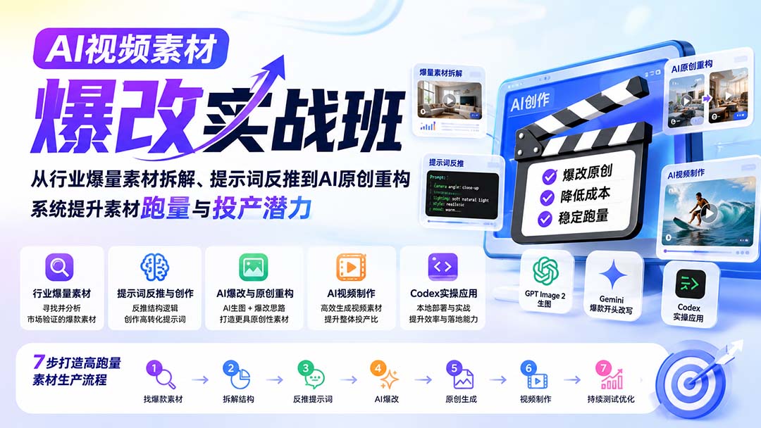 AI视频素材爆改实战班：爆量视频拆解+提示词反推，AI原创重构提升素材跑量投产