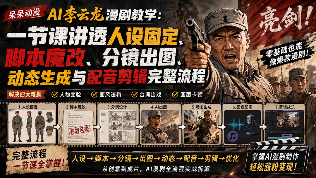 AI李云龙漫剧全流程教学：人设固定脚本魔改分镜出图动态生成配音剪辑