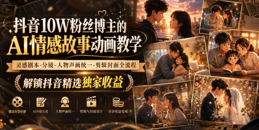 抖音10W粉博主亲授AI情感动画全流程实操课，解决声画统一难题