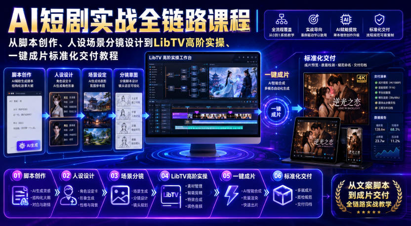 AI短剧全链路实战课：LibTV分镜设计到一键成片，零基础系统教学