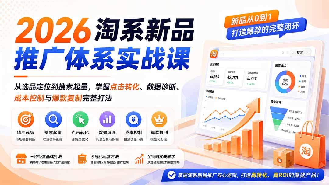 2026淘系新品推广体系实战课：选品定位到搜索起量，掌握点击转化与爆款复制打法