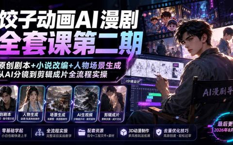 饺子动画AI漫剧全套课第二期：原创剧本+小说改编+人物场景生成，从AI分镜到剪辑成片全流程实操