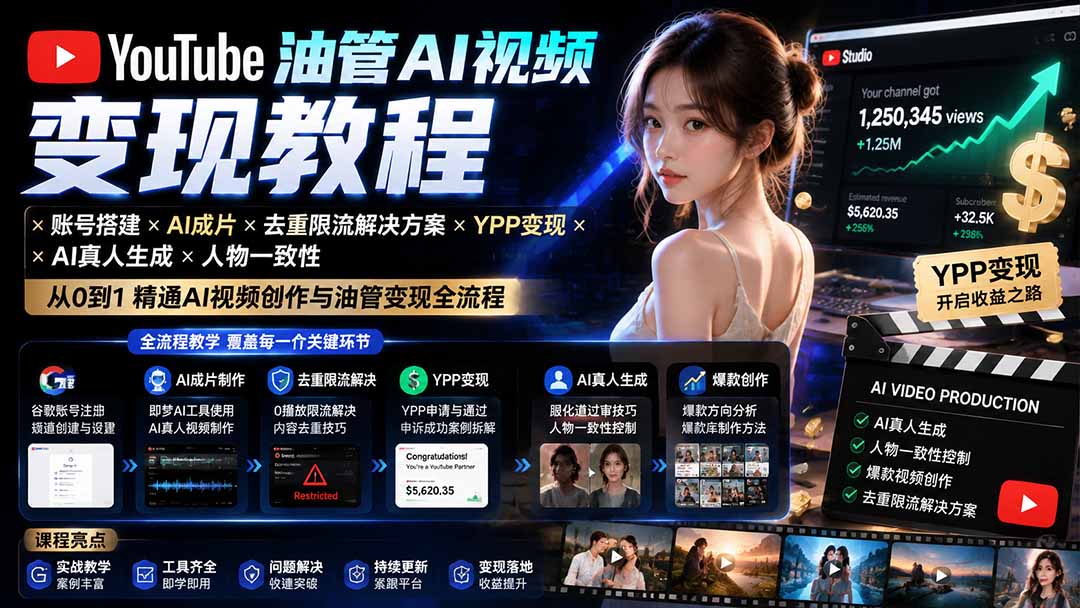 YouTube油管AI视频变现教程：账号搭建×AI成片×去重限流×YPP变现