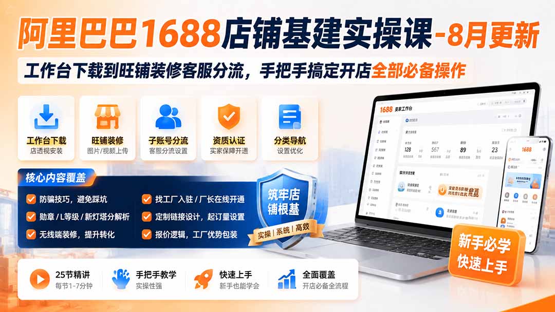 1688店铺基建实操课：工作台下载到旺铺装修客服分流，新手开店必备25节教程
