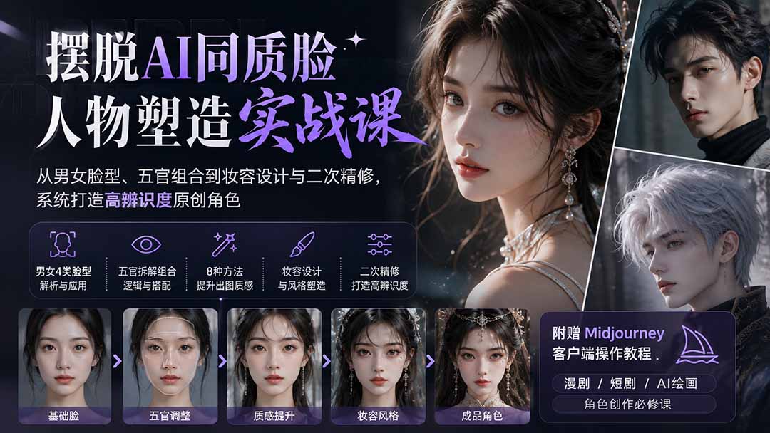 摆脱AI同质脸人物塑造实战课:男女脸型五官组合妆容精修,打造高辨识度原创角色 摆脱AI同质脸人物塑造实战课:男女脸型五官组合妆容精修,打造高辨识度原创角色