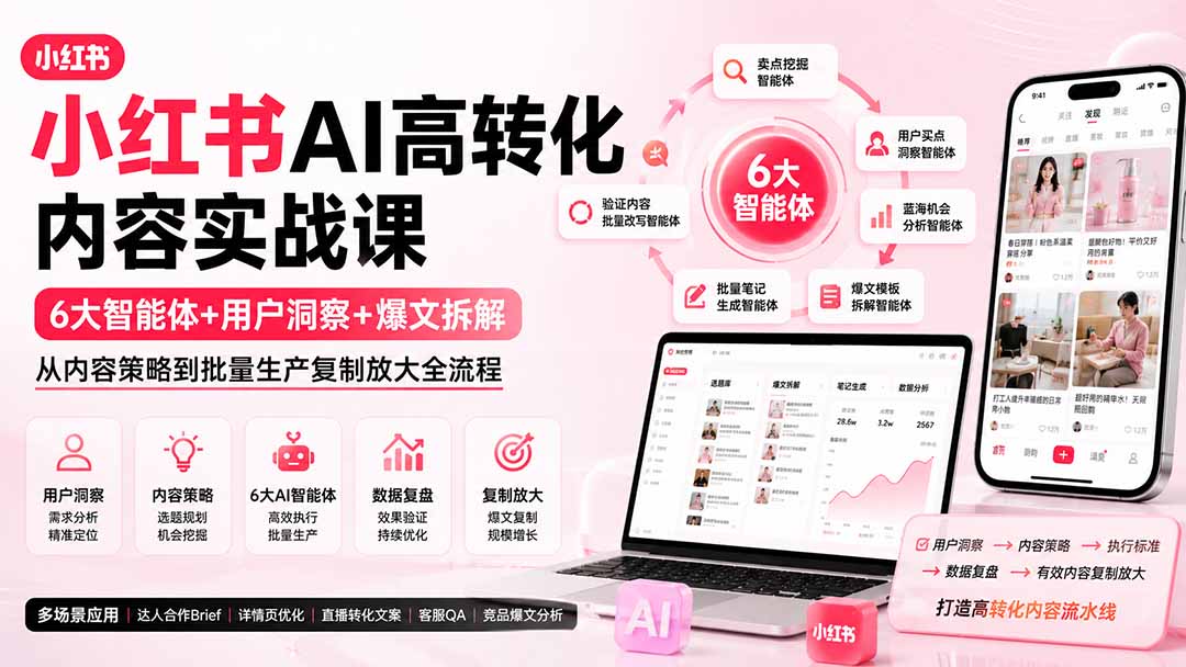 小红书AI高转化实战课：6大智能体+用户洞察+爆文拆解，从内容策略到批量生产复制放大全流程