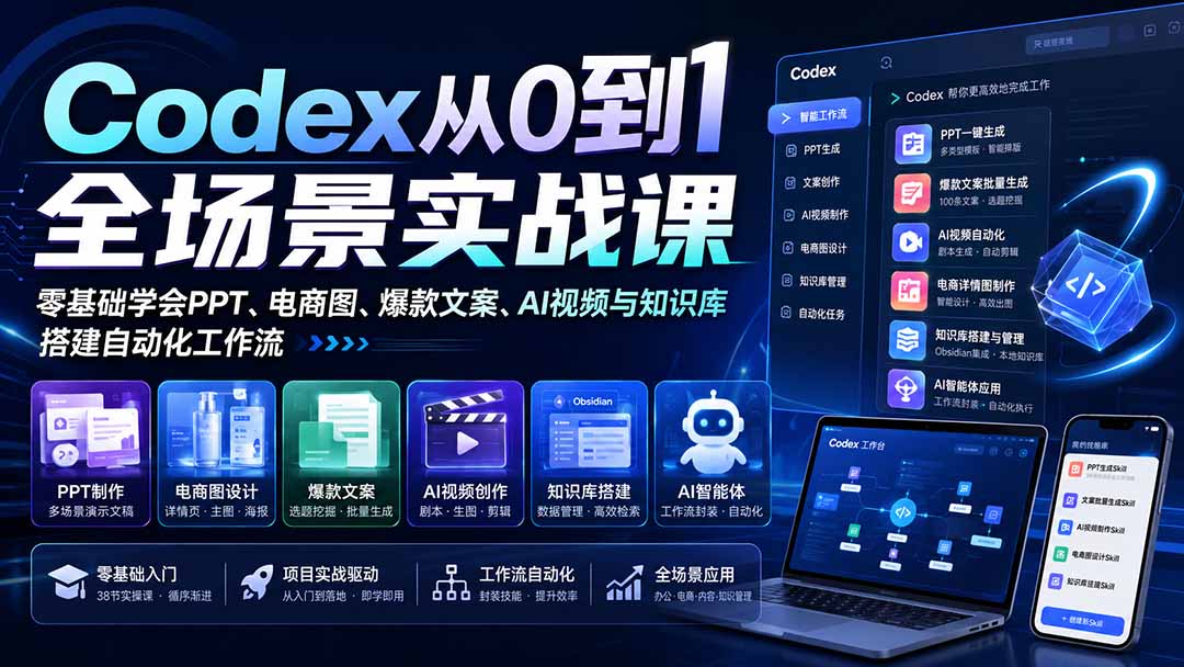 Codex全场景实战课：零基础学PPT电商图爆款文案AI视频知识库，搭建自动化工作流