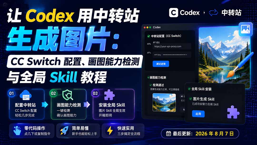Codex中转站画图配置教程：CC Switch检测与全局Skill安装