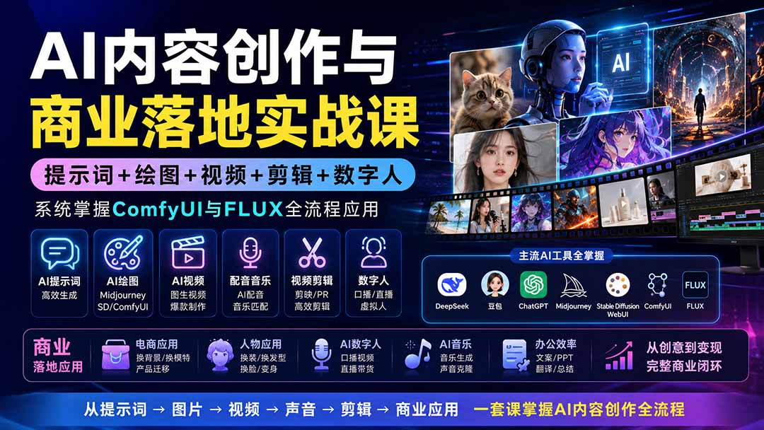 AI商业实战课：提示词+绘图+视频+剪辑+数字人，掌握ComfyUI与FLUX工作流