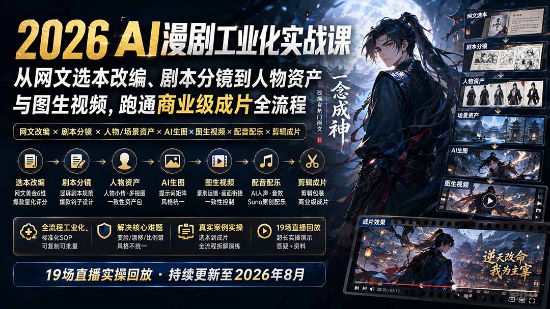 2026 AI漫剧工业化实战课：网文改编到图生视频，跑通商业级成片全流程SOP