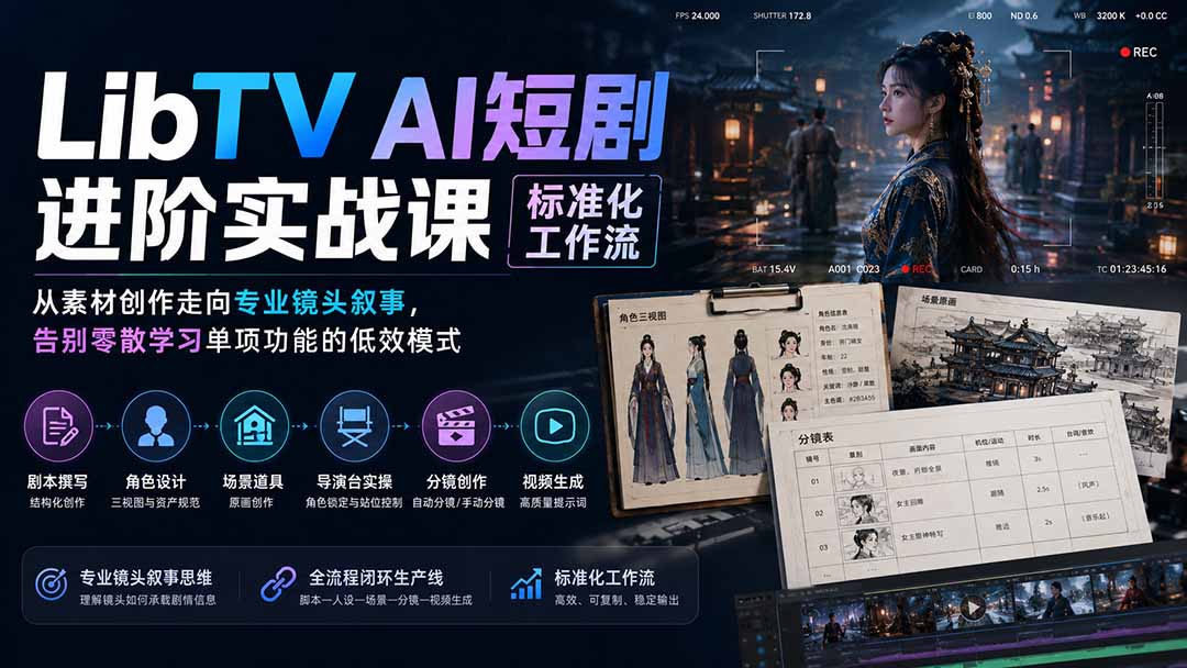 LibTV AI短剧进阶实操课：标准化工作流，从素材到专业镜头叙事，告别低效学习