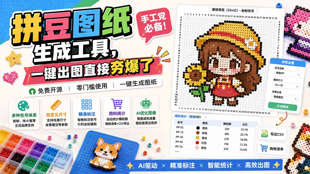 2026 拼豆图纸生成工具免费开源，手工党必备一键出图神器