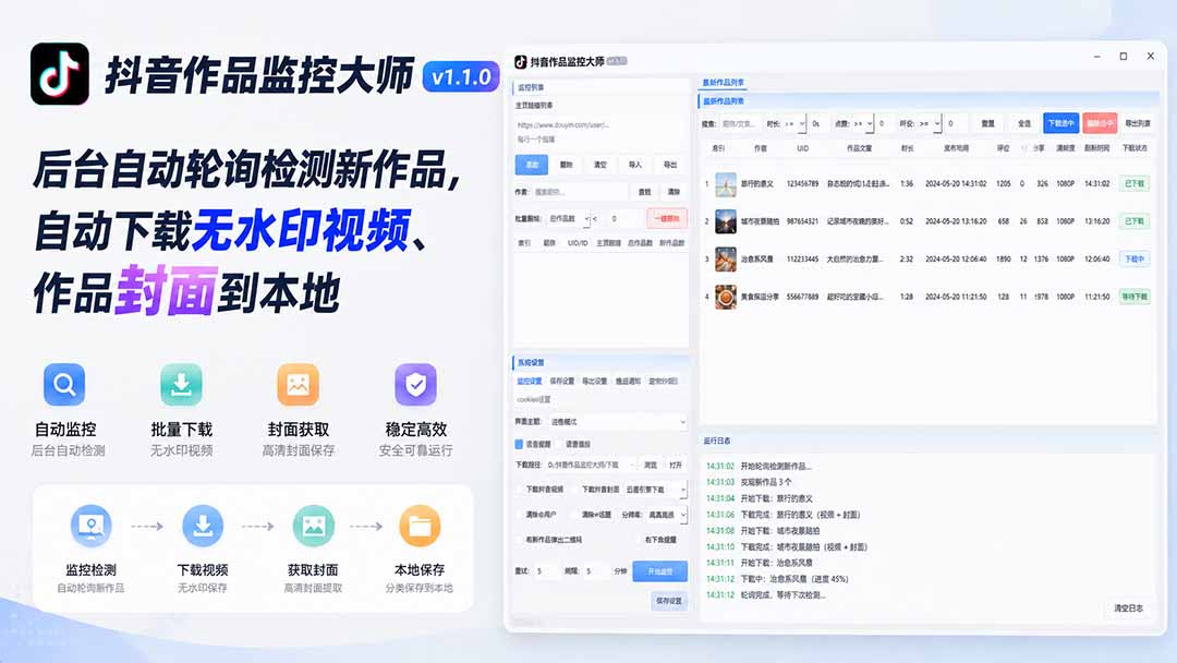 抖音作品监控大师v1.1.0：自动轮询检测新作品，无水印下载视频封面到本地