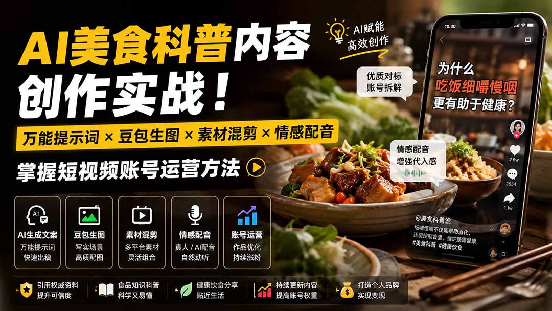 AI美食科普短视频实操课：豆包万能提示词+素材混剪+情感配音，从0运营抖音账号