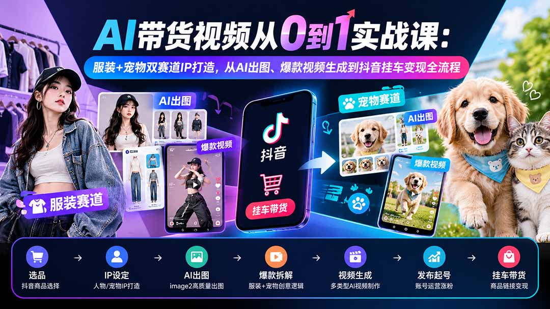 AI带货视频实战课：服装宠物IP打造，AI出图到抖音挂车变现全流程