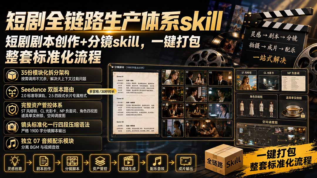 短剧全链路生产体系Skill一键打包，Seedance分镜脚本标准化流程
