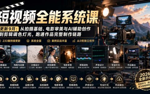 短视频全能系统课233集：拍摄剪辑调色灯光AI创作全流程